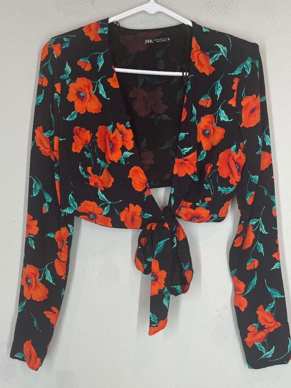 Zara Poppy Floral Crop Top Women's XS Open Front Tie Coquette Black Orange